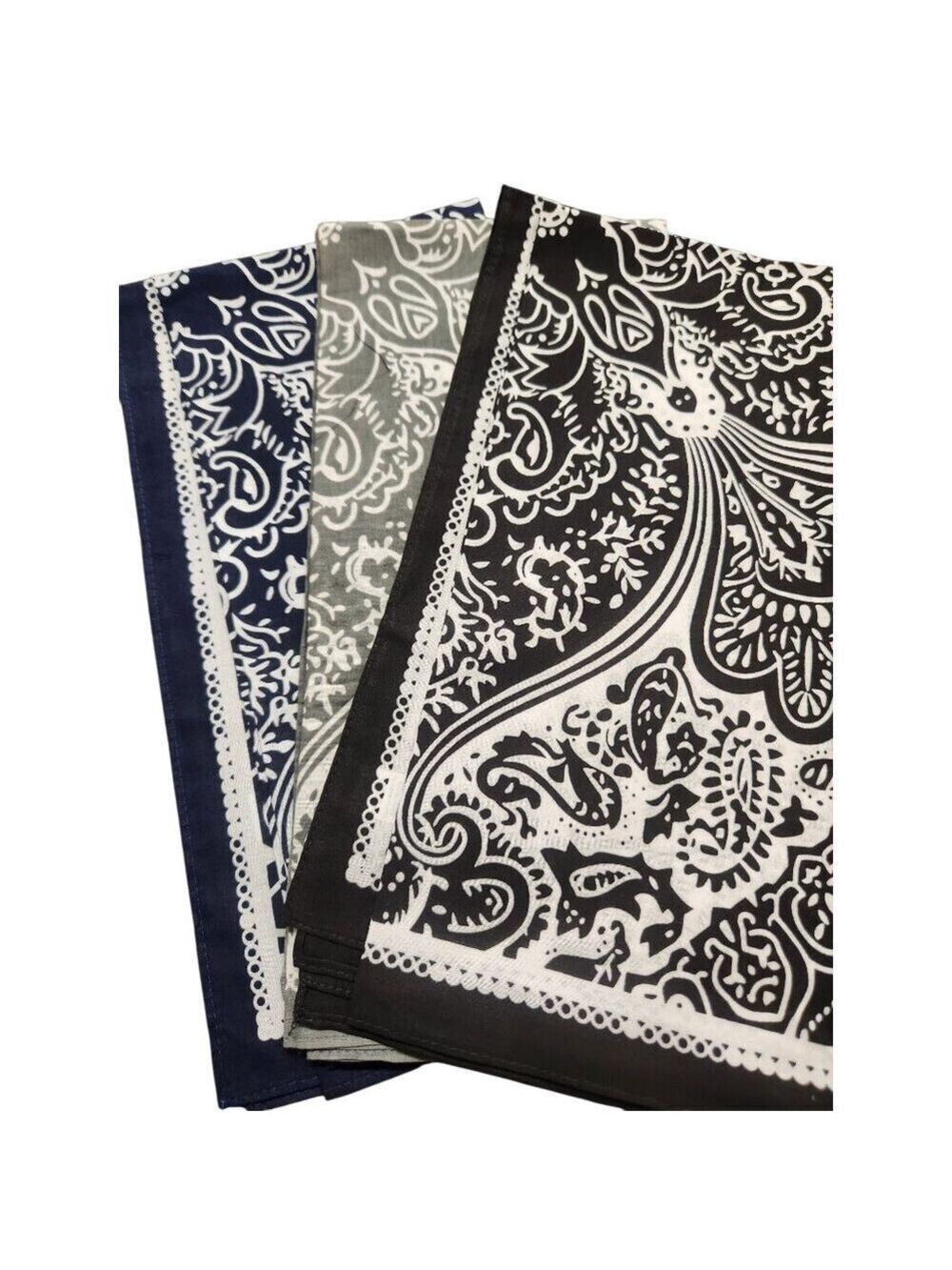 Cotton Bandanas Paisley Print Handkerchiefs 3-Pack Black/Gray/Navy 22" sq Unisex
